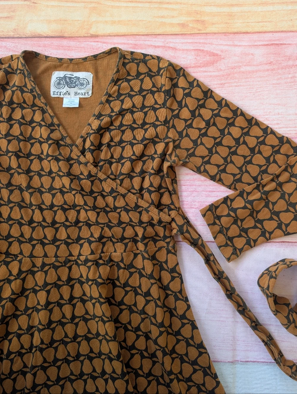 Effie’s Heart Pear Print Dress | Brown Jersey Knit Midi with Tie Waist XL - Picture 5 of 10